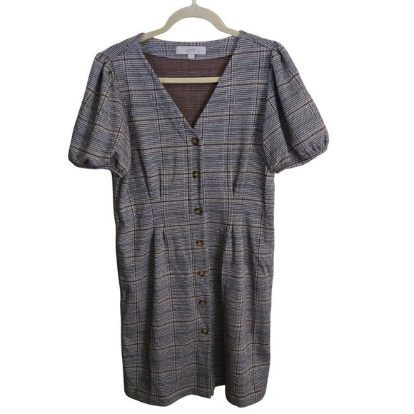 Loft Plaid Puff Sleeve Pocket Dress Neutral Tan Black Plaid Size 8 - Picture 2 of 10